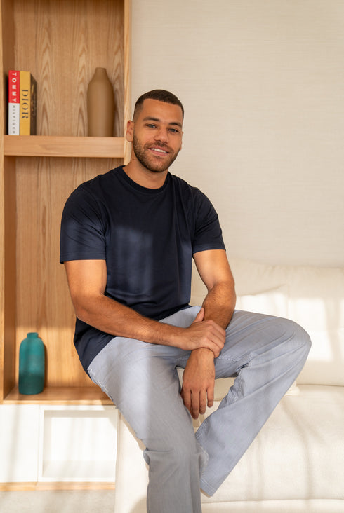 Men summer pajama set Dark Blue T-shirt + Dark Blue X White Striped Pants